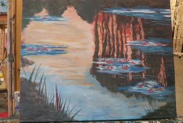 Abstract water landscape painting with reflections.