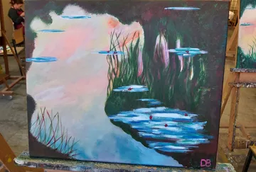 Abstract painting with water, plants, and pink hues.