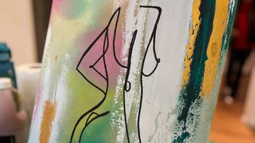 Abstract line art painting with colorful background.