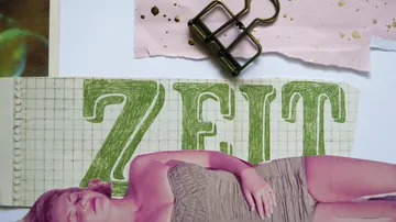 Collage mit ausgeschnittener Figur und 'ZEIT'-Text.
