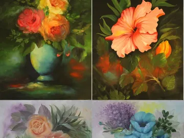 Bunte Blumenbilder in Vasen, lebendig auf dunklem Hintergrund.