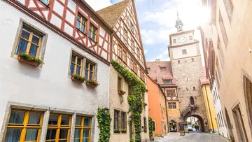 Charming European street with medieval architecture.