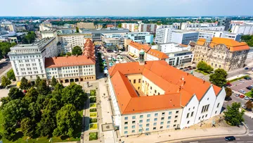 Aerial view of Dresden cityscape with historic buildings.