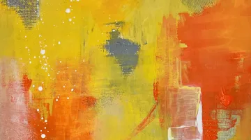 Abstract painting with yellow and orange brushstrokes.
