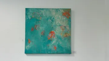 Abstract teal painting with orange accents.