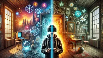 Person with VR headset in a steampunk room.