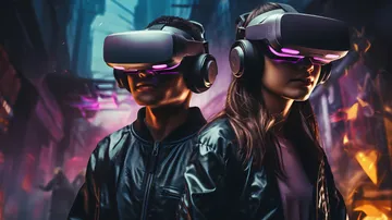 Two people wearing VR headsets in futuristic city.