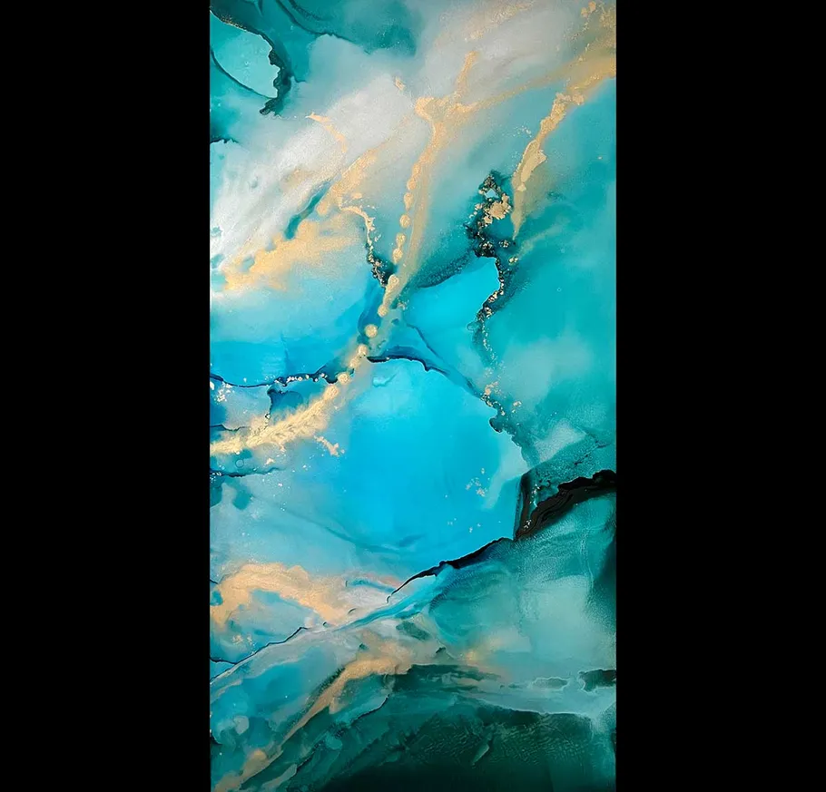 Abstract teal and gold fluid art.