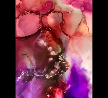 Abstract painting with reds, purples, and gold accents.