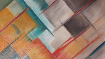 Buntes abstraktes geometrisches Gemälde mit diagonalen Linien.