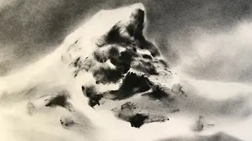 Black-and-white drawing of a mountain peak.