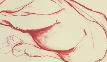 Abstract red sketch of a reclining figure.