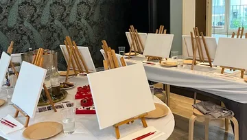 Easels with blank canvases set on tables indoors.