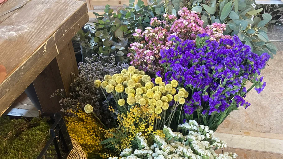Verschiedene bunte Blumen auf einem Holztisch.