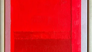 Abstract red painting with textured brushstrokes.