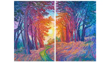 Farbenfrohe Bäume mit lebhaftem Sonnenuntergang in abstraktem Diptychon.