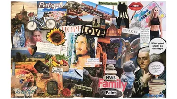 Collage with words, images, and motivational phrases.