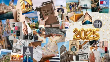 Collage mit Reise- und kreativen Themen für 2025.