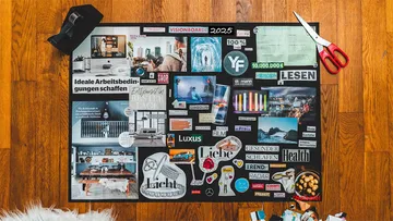 Collage Vision Board mit verschiedenen Bildern und Text.