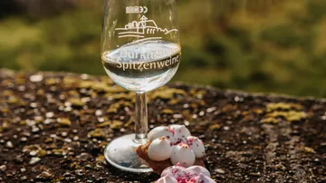 Wine glass and dessert on rustic table.