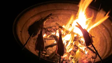 Fische, die über offenem Lagerfeuer gebraten werden.