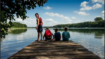 Kinder sitzen auf einem Holzsteg am See.