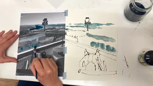Person drawing, landscape painting in progress.