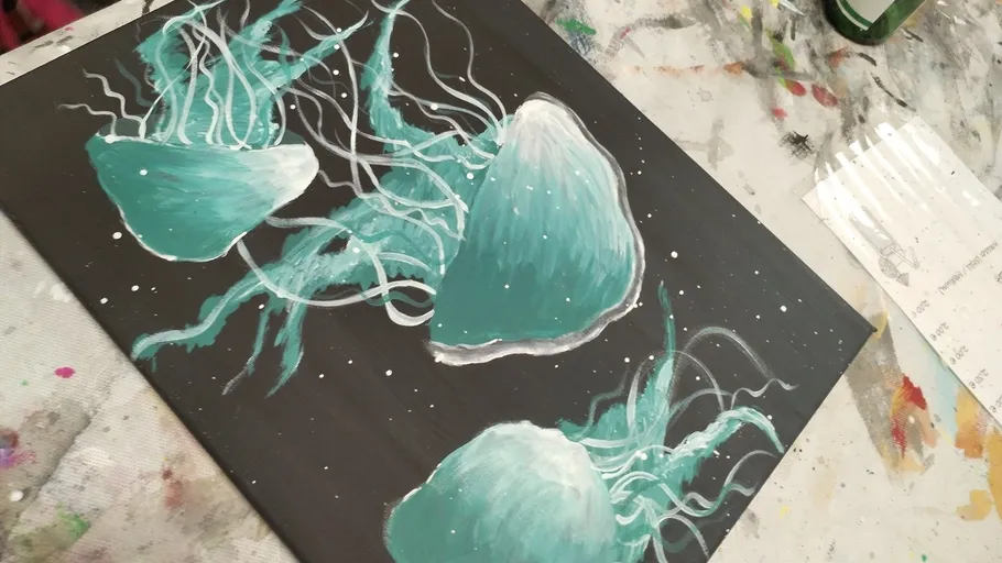 Painting of three jellyfish on dark background.