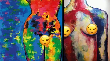 Farbenfrohe abstrakte Gemälde von menschlichen Figuren.