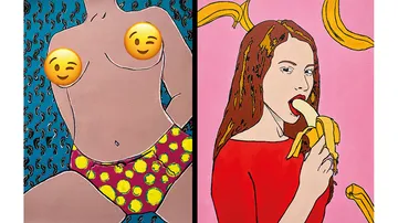 Stylized paintings: figure with emojis, woman eating banana.