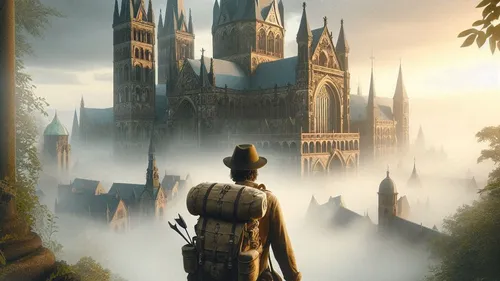 Abenteurer mit Blick auf das neblige gotische Schloss bei Sonnenaufgang.