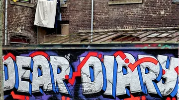 Graffiti "DEAR DIARY" on urban wall.