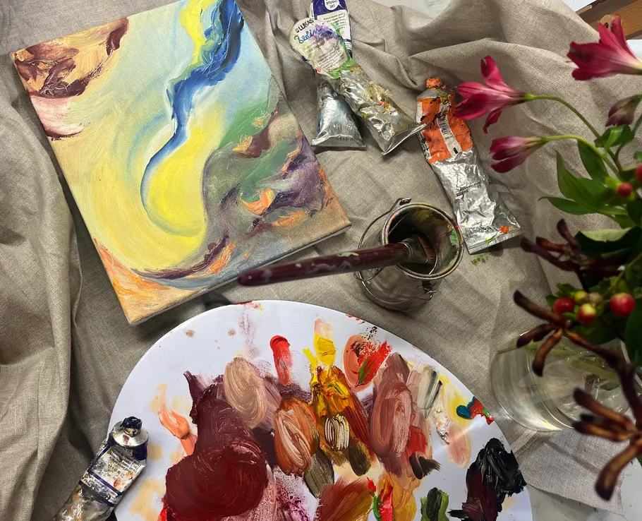 Abstract painting with palette and brush