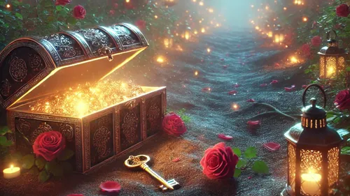 Öffne eine Schatztruhe mit leuchtenden Lichtern, umgeben von Rosen.
