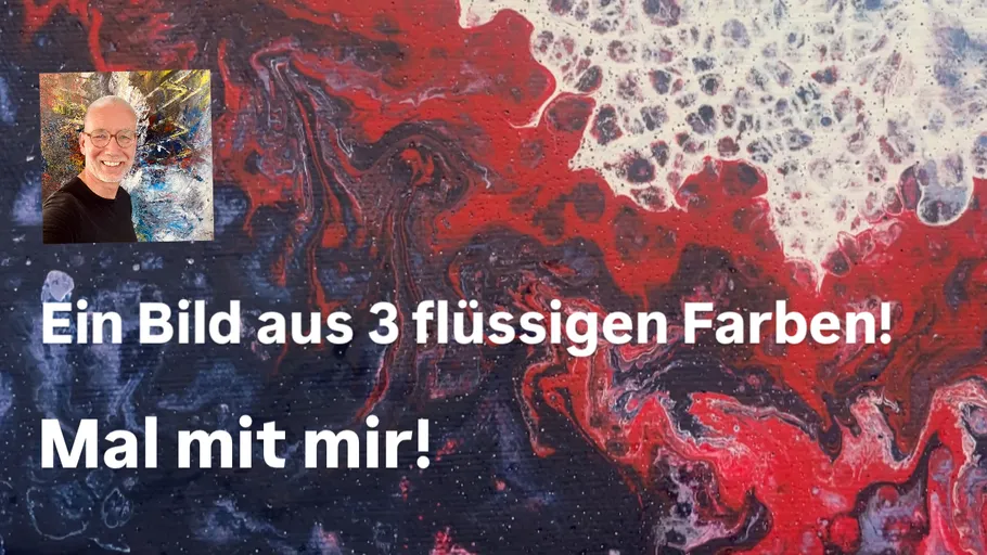 Abstrakte rote, weiße und blaue Malerei mit Text.