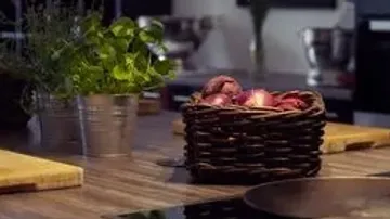 Herbs and onions on kitchen countertop.