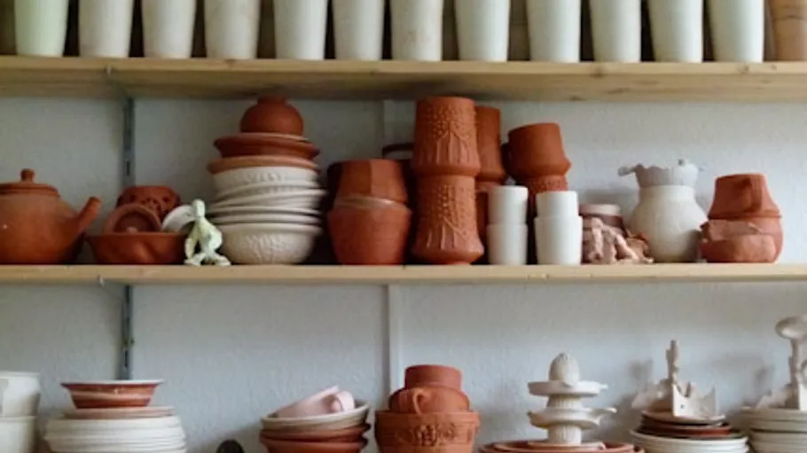 Shelves with assorted clay and ceramic pots.