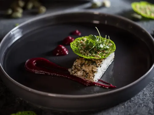 Gourmetgericht mit Fisch, Sauce, Garnierung auf einem Teller.