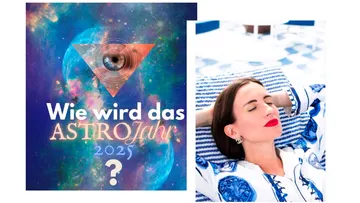 Poster mit Astro-Thema und entspannte Frau beim Faulenzen.
