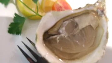 Geöffnete Auster, serviert mit Zitrone, Kräutern und Gabel.
