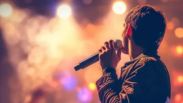 Person singing on stage with microphone.