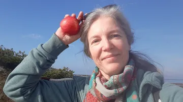 Eine Person hält einen Apfel im Freien mit blauem Himmel.
