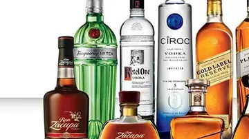 Various liquor bottles with labels displayed.