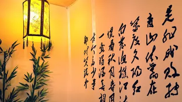 Chinese calligraphy on wall with lantern and plant.