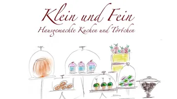 Illustrierte Kuchen und Gebäck unter Glaskuppeln.