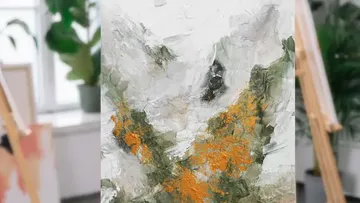 Abstrakte Malerei mit grünen und orangefarbenen Texturen.