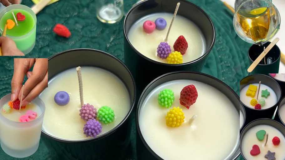 Decorative candles with colorful wax embeds.