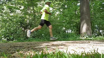 Person jogging on path in forest