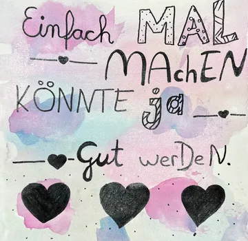Handgeschriebener deutscher Text mit buntem Aquarellhintergrund.