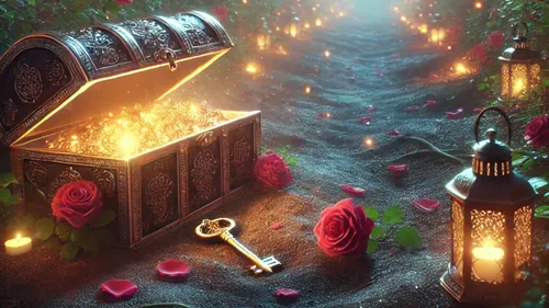 Öffne eine Schatztruhe, die Licht ausstrahlt, umgeben von Rosen.